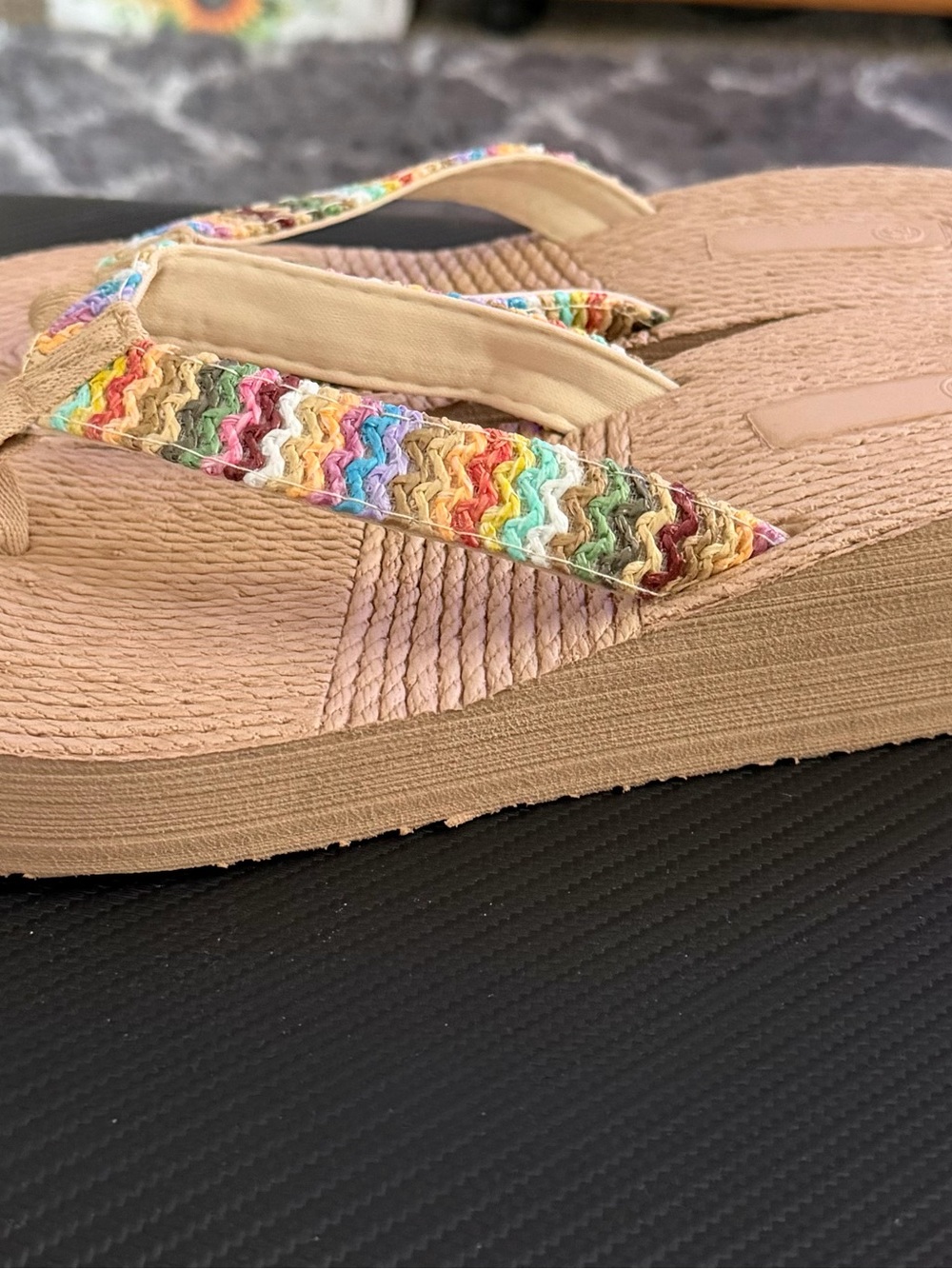 Beige Wedge Flip-Flop with Multicolor Strap